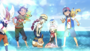 Ash, Dawn, Chloe, Goh and their Pokémon