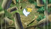 Pikachu uses Iron Tail to send the logs flying