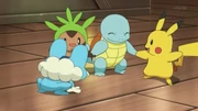The heroes' Pokémon greet Tierno's Squirtle.