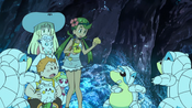 Mallow offers one of the Alolan Sandshrew a cookie