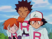 Ash, Misty and Brock in Team Rocket uniforms