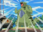 Tyranitar was firstly shown as a Pupitar but a bit later it evolved causing a lot of damage to Team Rocket who had been hit from his massive Hyper Beam. Its known moves are Hyper Beam and Sandstorm.