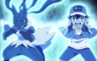 Ash and his Mega Lucario using their Aura together.