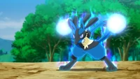 Ash's Lucario using its Aura to enhance its Bullet Punch.