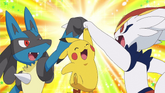 Pikachu, Lucario and Raboot fist bump together