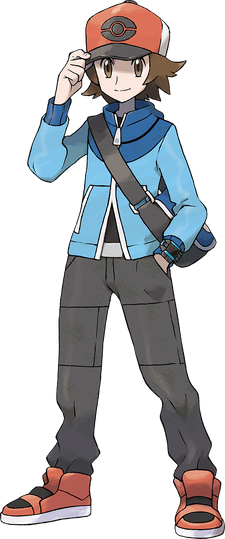 A POKéMON Trainer with a red jacket on a black T-shi
