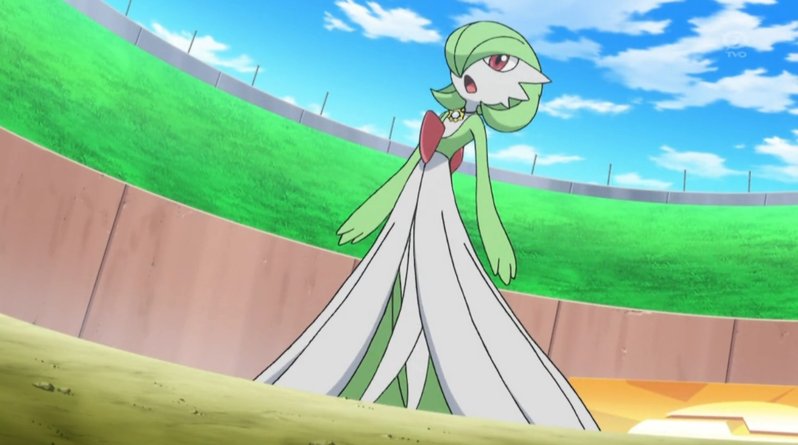 Gardevoir is a bipedal, bishōjo-like pokémon whose body resembles a flowing  gown. most of its body is white, but its hair, arms, and the underside of  its gown are green. its hair