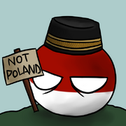 A picture of Indonesiaball wearing a rice hat, with a sign reading "Not Poland", signifying that while Indonesiaball is often mistaken for Polandball, due being simillar in colour, he is *not* Poland.