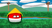 A picture of Indonesiaball seen smiling with a background of grass and electric poles.
