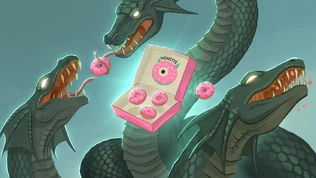 Grafika przestawia zielonego potwora o trzech głowach, Hydrę, jedzącego donuty z różowym lukrem i kolorową posypką.