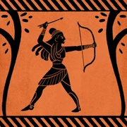 Atalanta strzelająca z łuku pomiedzy dwoma drzewami