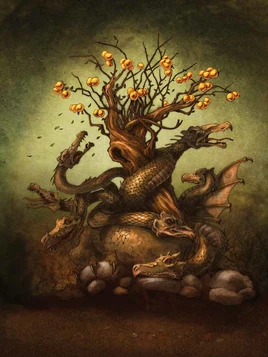 Ladon opleciony wokół drzewa ze złotymi jabłkami