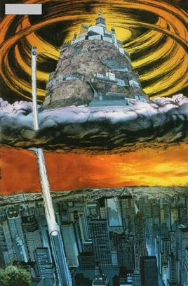 Widziany z góry Olimp, unoszący się nad Nowym Jorkiem, na który wjeżdża winda