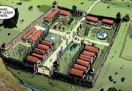 Ilustracja w powieści graficznej, przedstawiająca widok z góry na Obóz Jupiter