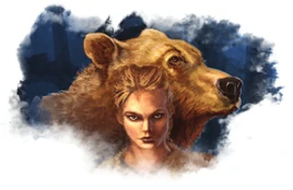 Atalanta patrząca prosto z widniejącym za nią niedźwiedziem