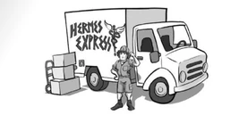 Ubrany w strój listonosza Hermes stojący przy białej ciężarówce z napisem „HERMEX EXPRESS”. Za bogiem, pojazdem i stojącymi przy nim paczkach widoczny jest ich cień