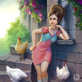 Hebe ubrana w różowo-turkusową minisukienkę, oparta o zewnątrzny parapet budynku w towarzystwie trzech kur