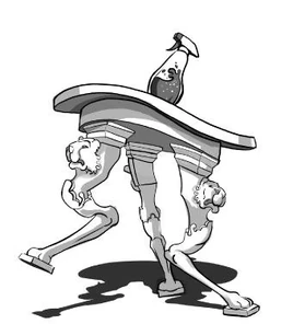 Trójnożny stolik, Buford, z rzeźbionymi na kążdejn z nóg głową zwierzęcia. Mebel podnosi swoje nogi, na jego blacie znajduje się ciesz w dozowniku, a za nim widoczny jest jego cień