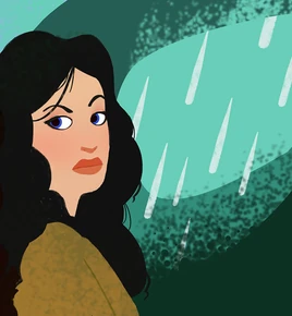 Ubrana w brązowozielony strój, siedząca na tle padającego deszczu, Junona o rozpuszczonych, czarnych, gęstych włosach sięgających za ramiona oraz niebieskich oczach