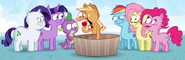 Pinkie Pie and her friends watching Applejack eating apples again.