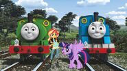 Percy with his close friends, Thomas the Tank Engine, Twilight Sparkle and Sunset Shimmer