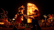 Sora shaking hands with Mario in front of the fiery Super Smash Bros. logo.