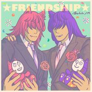 Atiek and Keita stand in suits. They both have long hair with bangs and parts resembling wolf ears and Atiek wears a purple tie while Keita wears a pink tie. They hold plushies of their original counterparts from PtP.