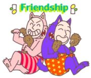 Onomadek and Kedamono eating chicken, with the word "friendship" at the top. The art style is of the manga.