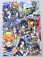 Ranma with Dr. Flask, Hajime, DTO, Fuga, Albireo, Takuto, Uowo, Marin, Toa, Nia, Chinatsu, Schall, Suisei Laura, Lena and Yuzuru on the Lapistoria rare card "先生・生徒のスクールライフ！-AM-"