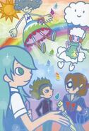 Ninon with Ciel, Micchan (PnM 15 ver.), Teruo (PnM 7 ver.), and Shoko (PnM Sunny Park ver.) on a Pop'n Music Sunny Park rare card titled "The Rain's End on the Way Home"