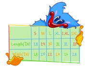 Huggy Wuggy detrás de una tabla de tallas en la web.