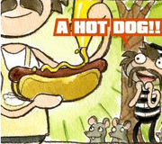 Ratman looking at a hotdog