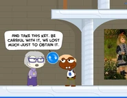 The Curator warning a Poptropican to be careful with the Key she is about to give him.