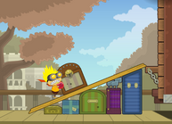 A Poptropican pushing Edison's suitcase up a ramp.