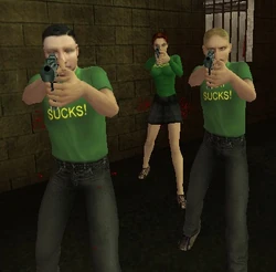 Vegetarians are easily identified by their green shirts with the "Meat Sucks" legend.