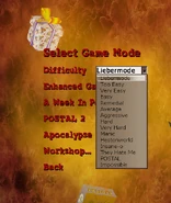 The list of difficulties in POSTAL 2 Complete.