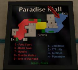 A map of the Paradise Mall. The East side is in blue, and the West side in red. The yellow square in the middle is a level transition between the two wings.