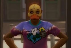 An ecozealot wearing a duck mask.