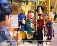 Ted Glen with Station Officer Steele (from Fireman Sam), Big Chris, Farmer Green, Mr. Carburettor (from Roary the Racing Car) and Sir Topham Hatt (from Thomas and Friends) on the "BBC Children in Need Medley" in 2009