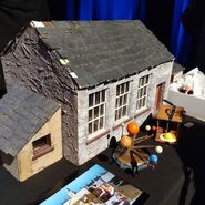 The small-scale model of Greendale Primary School and some small sheds on display at the Puppet Masters Animation Conference at the Waterside Arts Centre in 2021.