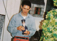 George Laban holding Pat's puppet during production of Series 2