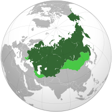 The Russian Empire (c. 1745). Dark green: conquered land. Light green: Invaded but under dispute