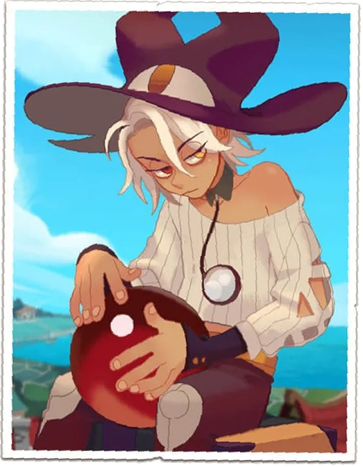 An image of Quinn, a character from the video game Potionomics. They are an androgynous young human with tan skin, white hair and red yellow heterochromia. They wear a long sleeve shirt, dark red leggings, and a witch hat. They carry a red crystal ball.