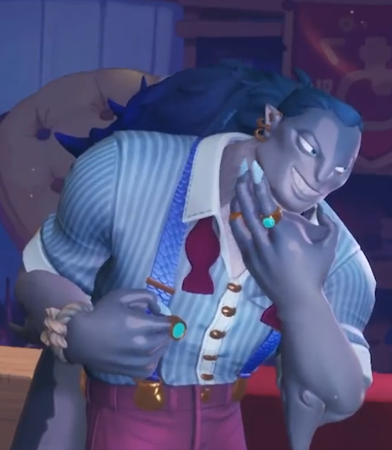 An image of Boss Finn, a humanoid grey shark from the video game Potionomics. He wears a blue striped shirt, pink pants with scaled suspenders, and gold jewelry.