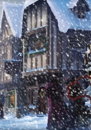 Outside the Three Broomsticks.