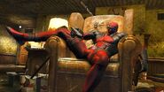 Deadpool (Deadpool) uses the speech-bubbles from the voices in his head to get across a platform.