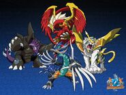 From clockwise direction: Dranzer the Red Phoenix of Fire, Driger the White Tiger of Gold, Dragoon the Blue Dragon of Wood, and Draciel the Black Turtle of Water (Beyblade V-Force)