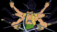 Roronoa Zoro (One Piece) basically wields three swords, but with his spirit boosting him, he wields nine simultaneously.