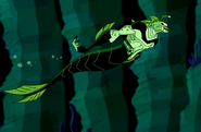 Piscciss Volans such as Ripjaws (Ben 10) can fuse their legs together to form a tail upon entering the water.