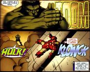 The Hulk (Marvel Comics) uses a thunderclap to send Iron Man flying.